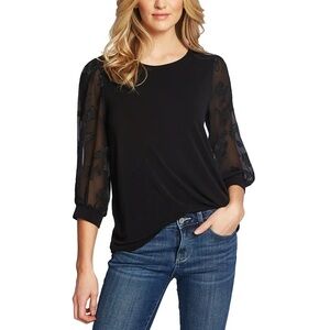 NWT CeCe Lace Sleeve Stretch Crepe Blouse in Rich Black XXL